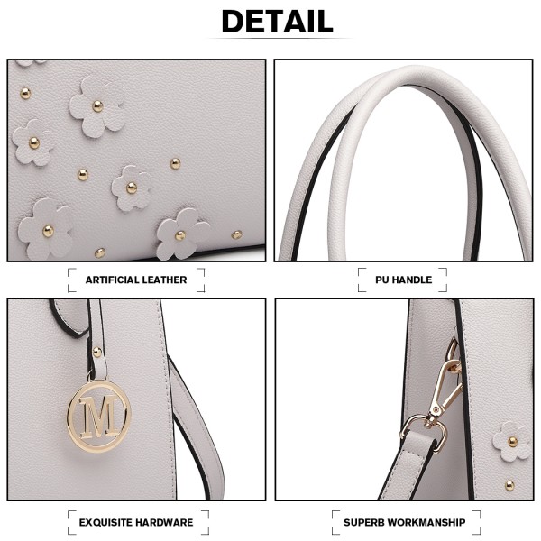 LH6809 - Miss Lulu Embellished Flower Leather Look Handbag - Light Grey